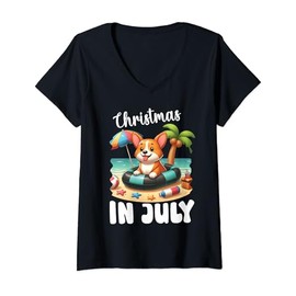 Womens CORGI on Inflatable Boat Merry Christmas in July Day Lover V-Neck T-Shirt
