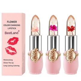 BestLand 3 Pcs/Set Flower Jelly Lipstick Set Temperature Change Moisturizer Long Lasting Nutritious Balm Magic Color Change Lip Gloss (3Pcs Flower Jelly Lipstick 010203)