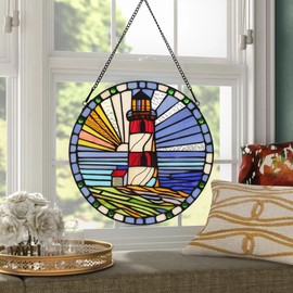 YOURANJU Stained Glass Window Hanging Round Handicraft Peggy's Point Lighthouse Glass Window Panel 12” Tiffany Style Window Suncatcher Perfect Window Hangings Housewarming Gift (with Chain Hook)