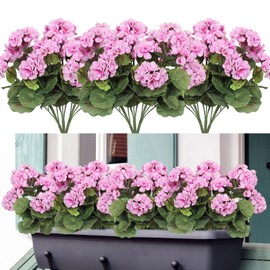 Dremisland 6 Pack Artificial Geranium Flowers for Outdoors Fake Geranium Silk Flowers Outdoor UV Resistant Garden Plants Bush Faux Flowers for Home Wedding Table Centerpieces Decor(Purple Pink, 6Pack)