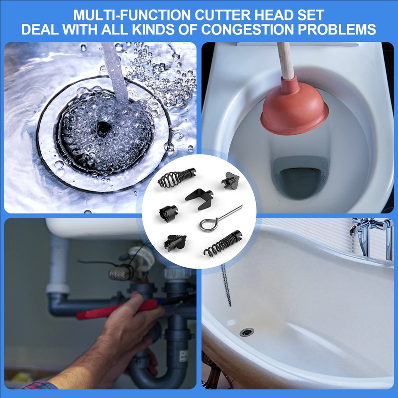 FEITON 7PCS Drain Cleaner Combination Cutter Head Set,16mm Manganese Steel
