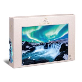 Ulmer Puzzleschmiede - The Elements of the North Puzzle - Impressive 500 Piece Nature Puzzle - Northern Lights meet rough rocks and icy water at Godafoss Waterfall in Norway