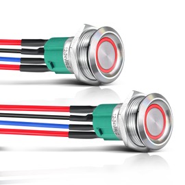 acegoo 19 mm 12 V Switch Stainless Steel Pressure Switch Round 10 A On/Off SPST 12 V/24 V Button Pre-Wired Cable for Motorhome Boat Truck Car, Red Ring Light (2 Pieces, Silver)