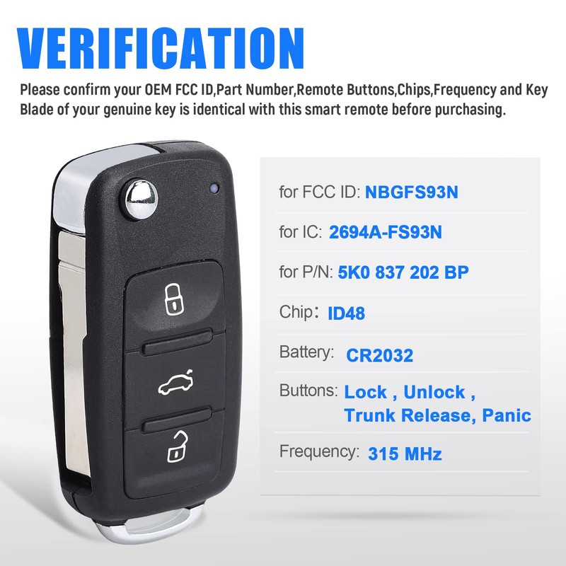 Keymall Car Key Fob Keyless Entry Remote Control for VW