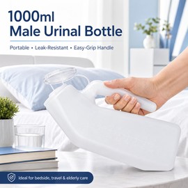 1000ml Male Urinal Bottle with Clear Lid, Leak-Resistant Portable Urine Container for Bedside, Travel, Elderly & Medical Use (1000ml)