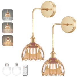 Kavedod Battery Operated Wall Sconces CCT Dimmable Wireless Sconces Set of 2, Vintage Light Fixture with Amber Tulip Glass Lampshade Wall Decor Set of 2 for Living Room Bedroom Bedside Bathroom