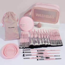 Makeup Brushes Kit, 30pcs Soft Makeup Brush Set with 1 Beauty Sponge & 1 Makeup Remover Puff & 1 Cleaning Mat & 1 Velvet Bag & 1 Bath Bag, Christmas Gift - Color: Light pink., Specification: 35pcs in 1