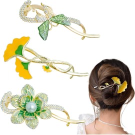 3 Pinzas de Garra Grandes de Metal para Mujer, Diseño Floral/Mariposa/Ginkgo,Pasadores Diamantes Imitación,para Fiestas Viajes y Uso Diario