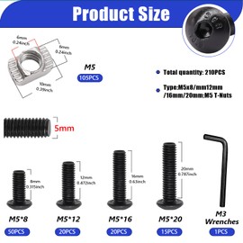 Taiss 210PCS M5 T-Nuts Screws Kit,Hammer Head T Slot Nut for 2020 Series Aluminum Extrusion,M5 Button Head Socket Cap Head Screws,Nut and Screw Kits