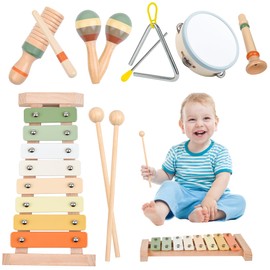 CYZAM Wooden Musical Instruments, Montessori Toys for Baby Toddler 1-3, Neutral Colors Wooden Percussion Instruments Set, Modern Boho Xylophone Tambourine, Kids Preschool Educational Birthday Gifts