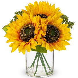 DILATATA Artificial Sunflower Arrangement in Clear Glass Vase with Fake Water, 9.4" Realistic Faux Sunflowers Table Decor for Farmhouse Home, Rustic Centerpieces for Kitchen Dining Living Room Office