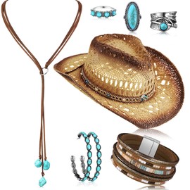 Ecally 7 Pcs Boho Jewelry Set Straw Cowboy Hat with Vintage Turquoise Necklace Rodeo Bracelet Ring Pendant Earrings for Women(Boho)
