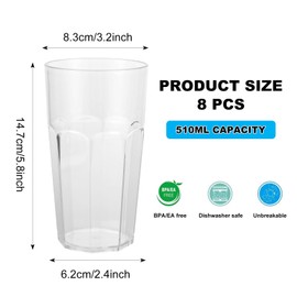 MUXHEL 8PCS Plastic Tumblers, 510ml Reusable Plastic Cocktail Glasses, Unbreakable Drinking Glasses Plastic Tumblers Glasses for Party Camping Picnics