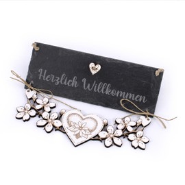 Slate Sign "Herzlich Willkommen mit Blumenelement und Herzlich Willkommen mit Blumenelement und Herz aus Holz" - Sign Front Door Entrance Door Sign Door Decoration Welcome Sign 22 x 16 cm