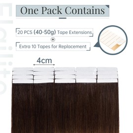 Elailite Tape-In Extensions, Real Hair, Glue Hair Extensions, Brown, 20 Pieces, Straight Hair, Invisible, 40 g, 30 cm, #4T27 Medium Brown, Ombre, Dark Blonde