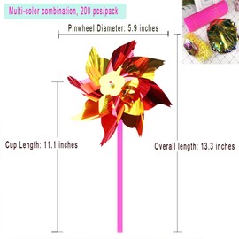 MTOMDY 200 Pcs Plastic Rainbow Pinwheel, of Windmills with Stick, Party Pinwheels Windmill Rainbow Pinwheel DIY Pinwheels Lawn Decor, Assorted Color
