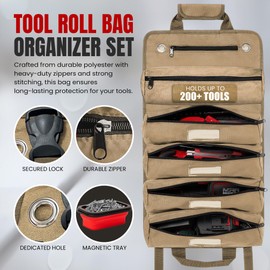 Mighty Red Ant Tool Roll Bag Organizer with Magnetic Plate – Heavy Duty Polyester, Ideal Gifts For Men, Portable Tool Roll Up Bag with 5 Large Pouches & 4 Tool Strap – Khaki (26 Inches)