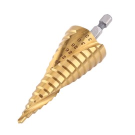 Hilitand Step Drill, 0.1 - 1.3 inches (4 - 32 mm), 15 Steps, Titanium Coating, High Speed Steel, 0.25 inch (6.35 mm) Hex Shank, Spiral Groove, Stepped Drill