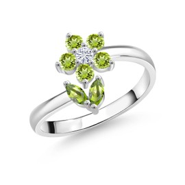 Gem Stone King 925 Sterling Silver Green Peridot and White Moissanite Flower Open Ring For Women (0.59 Cttw, Gemstone August Birthstone, Available In Size 5, 6, 7, 8, 9)