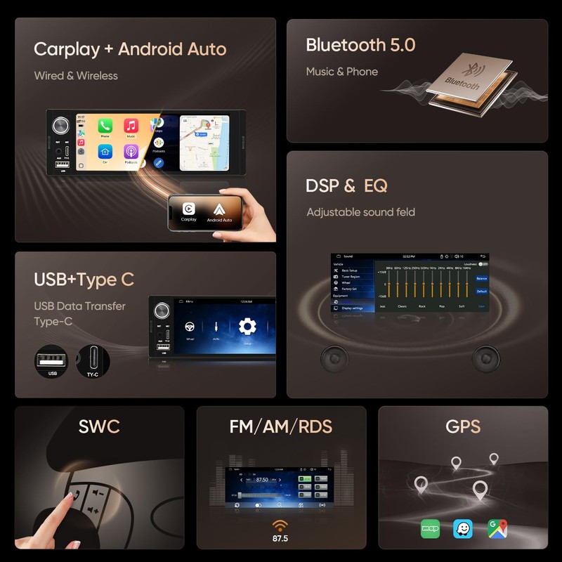 Single Din Car Stereo Linux System, 6.36 Inch CarPlay &