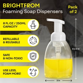 BRIGHTFROM Foaming Soap Dispenser Pump Bottles, BPA Free Empty Refillable Plastic Container for Liquid Soap - Kitchen, Bathroom, Commercial - 8oz (250ml) Pack of 2 Clear