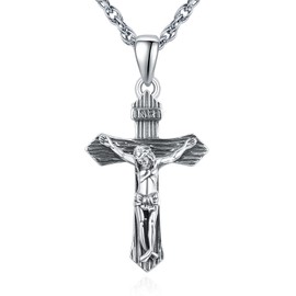 KATHLU Jesus Cross Pendant Necklace for Men 925 Sterling Silver Religion Medals Amulet Protection Crucifix Necklace Jesus Cross Jewellery Gift, Silver, No Gemstone