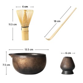Katakuchi Matcha Bowl Set, Tea Utensils, For Dotomae, Tea Bowl, Chasen Stand, Chasen (100 Pieces), Tea Ladle, Single Mouth Peach Shape Round (Ash Gold)