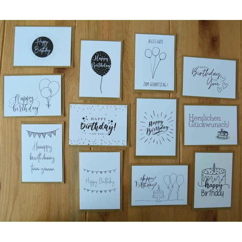 Freyheit 12 x Stylish Birthday Cards (A6 Format) Black and