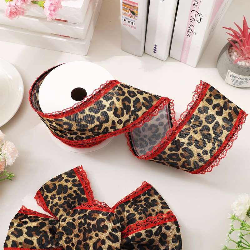 Whaline Leopard Print Wired Edge Ribbon Craft Ribbons Red Lace