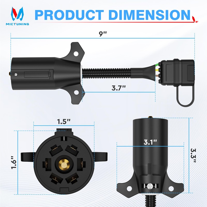 MICTUNING 7 Way Blade to 4 Way Flat Trailer Adapter,
