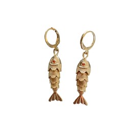 Articulated Fish Dangle Earrings, 18K Gold Plated, Orange CZ Eyes, 33mm x 9mm, Leverback Closure