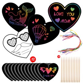 12 Pcs Heart Shape Scratch Paper Art Set Hanging Craft Art Kits Magic Rainbow Scratch Cards with 12 Pcs Wooden Stylus and 12 Pcs Ribbons for Kids Classroom Party Favor DIY Art Decor