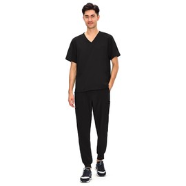 COZYFIT Scrubs for Men — 4 Pockets V-Neck Scrub Top and 7 Pockets Jogger Pants Mens Scrubs Set, Black, M