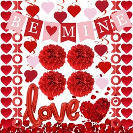 DIMIGHT Red Valentine's Day Decoration Set, BE MINE Banner, Love Heart XO Garlands, Rose Petals, Hanging Swirls, Foil Love Balloons For Party Home Classroom Wedding Bedroom Office