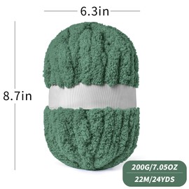 (10 Skein) Smoky Green Fluffy Chenille Chunky Yarn for Crocheting, Super Jumbo Bulky Yarn for Hand Knitting Blanket, Big Soft Thick Crochet Yarn (24 yds /7.05 oz Each)