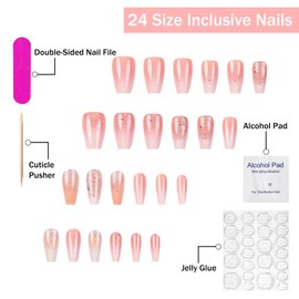 Ombre Press on Nails Medium Coffin OFDNE Pink Fake Nails Gradient False Nails with Glitter Designs Full Cover Glossy Glue on Nails Acrylic Nails for Women Girls 24Pcs