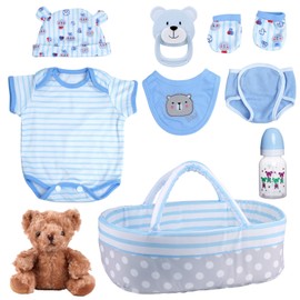 BABESIDE 9 Pcs Reborn Baby Doll Clothes with Bassinet for 17-22 Inch Dolls, Baby Dolls Clothes Outfit Accessories for Baby Doll Boy (Blue)