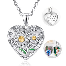 TANGPOET Daisy Flower Heart Locket Necklace for Women 925 Sterling Silver Picture Photo Locket with Positive Words Christian Jewelry Encouragement Gifts for Birthday Christmas Graduation