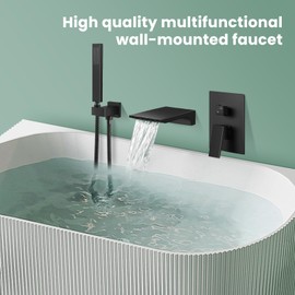 FAHKNS Wall-mounted Bathtub Faucet Black Matte, Bathtub Filler Faucet Solid Brass with Single Handle Handheld Shower and Water Pressure Balance Valve