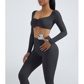 OMKAGI 2 Piece Workout Sets for Women Long Sleeve Padded Sports Bra High Waisted Gym Outfits with Pocket(M,441-Black)