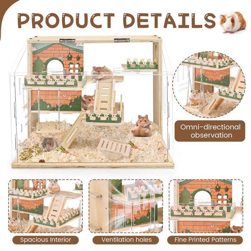 Wooden Hamster Cage Large, 16-Inch 3-Layer Acrylic Hamster Cage, Small
