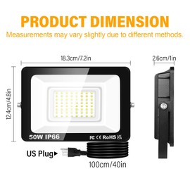 Willpower 2 Pack Flood Lights Outdoor, 50W Exterior Floodlight, IP66 Waterproof Plug in Floodlights, 5ft Cord,4000K Warm White Work Light, 5000LM Security Lights for Yard Garage Patio Stadium