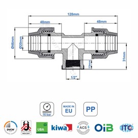 SmartProduct T-Piece PE Pipe Fitting 20 mm x 1/2 x 20 mm Female Thread Female Screw Connection PN16 DVGW Drinking Water Certified - Clamp Connector - PP T Piece Coupling for PE80 PE100 Pipes - Pack of