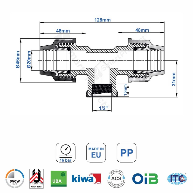 SmartProduct T-Piece PE Pipe Fitting 20 mm x 1/2 x