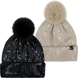 Funky Junque Bling Winter Hats for Women Sparkly Sequin Beanie Faux Fur Pom Pom Chunky Knit Skullcap Slay Sparkle Hat - Chunky Sequin - Black