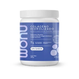 WONU, Colágeno Hidrolizado Presentación en polvo, 600 g. rinde 52 porciones, Péptidos de colágeno, Ácido hialurónico y Vitamina C, Sabor Natural