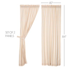 VHC Brands Farmhouse Tan Antique White Buffalo Check Cotton Annie Curtains Rod Pocket Tie Back(s) Panel Pair
