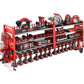 Shomextol 66" W Super Large Power Tool Organizer Wall Mount,Heavy Duty Cordless Tool Organizer with 18 Drill Holder,600 Lbs Capacity 4-Layer Garage Organization for Garage and Workshop (Red)
