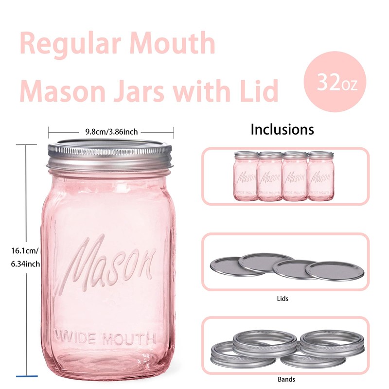 WELLIFE Pink Mason Jars 32 oz,9 Pack Wide Mouth Mason