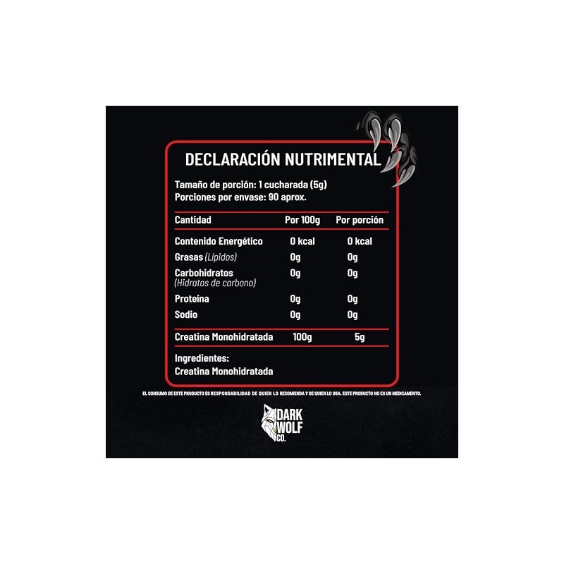 Creatina Monohidratada Dark Wolf, Alta Pureza, 100% Natural, Sin OGM,